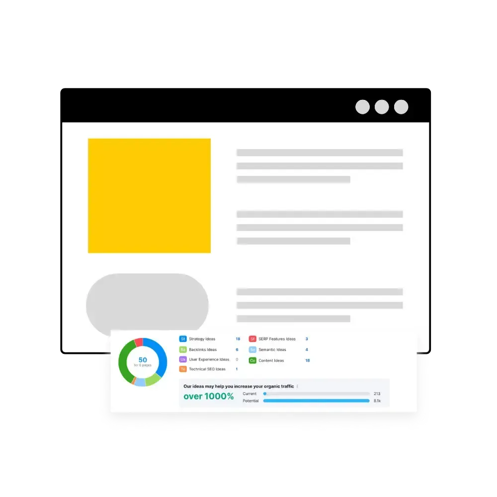Abstract design with a yellow square, text blocks, and a circular chart in the lower section.
