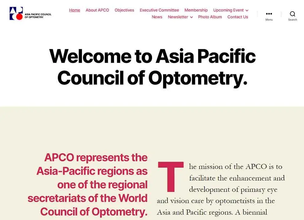 Welcome page of the Asia Pacific Council of Optometry website featuring a welcoming message and a brief introduction to the organization's role in enhancing eye and vision care in the Asia-Pacific region.