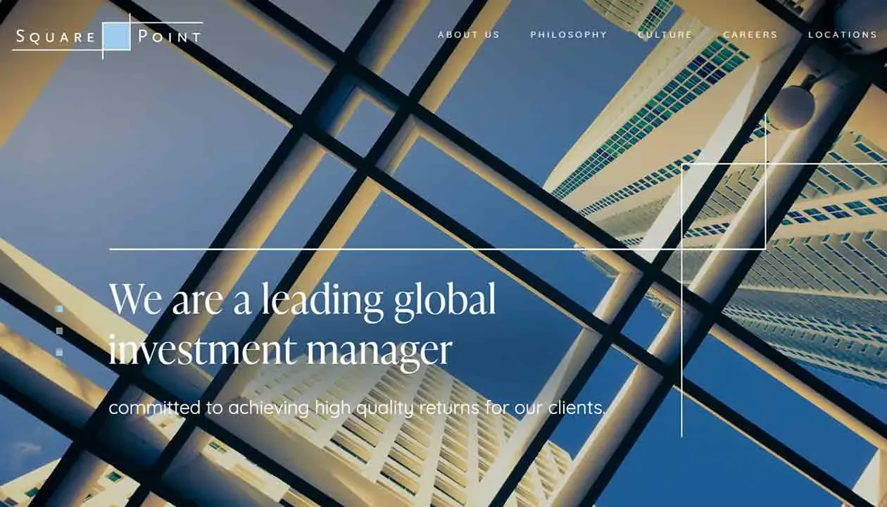 The image features a modern cityscape view through a geometric grid structure, with tall skyscrapers and the text "We are a leading global investment manager" prominently displayed, conveying a theme of innovation and financial expertise.