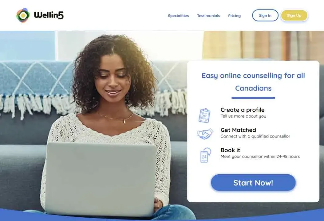 A woman sits comfortably on a couch, using a laptop, with a website display advertising "Easy online counselling for all Canadians" and options to create a profile, get matched, and book an appointment.