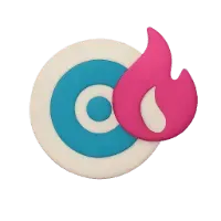 A target symbol featuring a blue circle with a white ring, accompanied by a pink flame on the side.