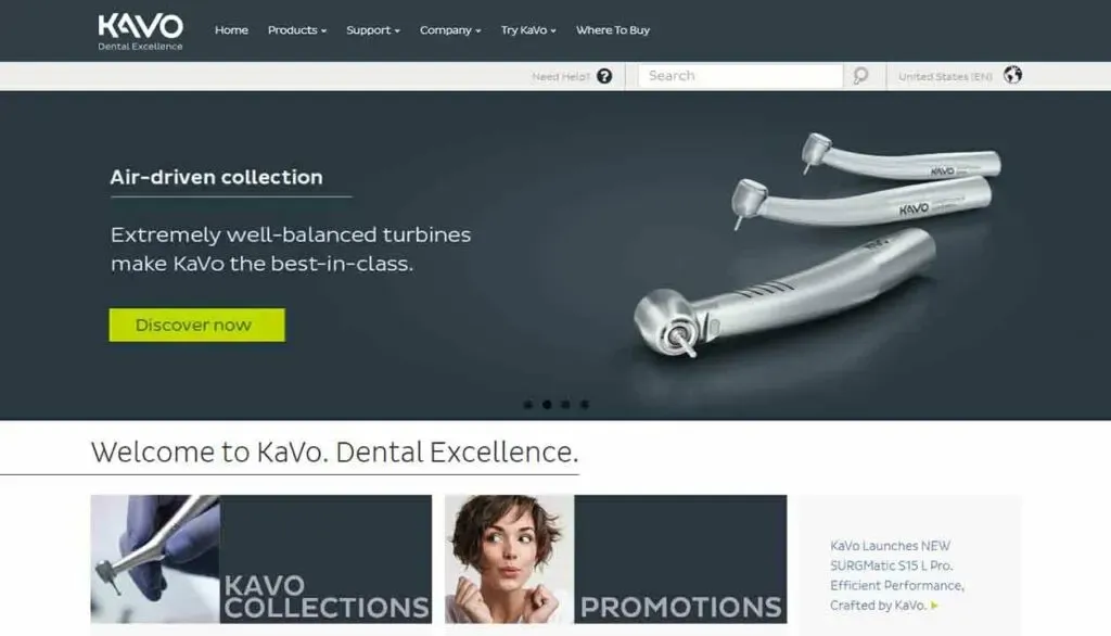 The homepage of a dental equipment company features a sleek, dark-themed banner showcasing the "Air-driven collection," with an image of well-balanced dental turbines, alongside a "Discover now" call-to-action button.