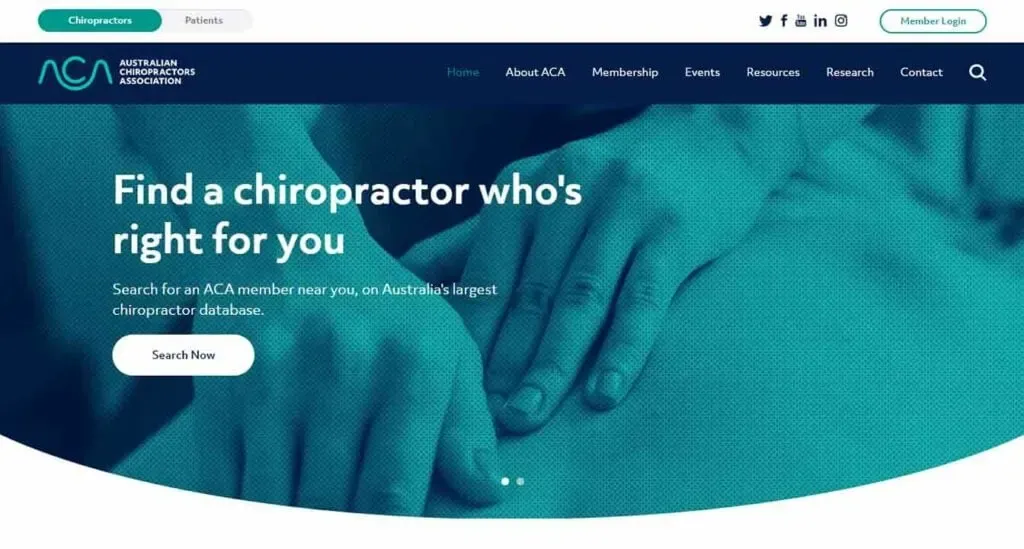 The homepage image for the Australian Chiropractors Association website features a close-up of hands performing a chiropractic adjustment, overlaid with text encouraging users to find a local chiropractor.