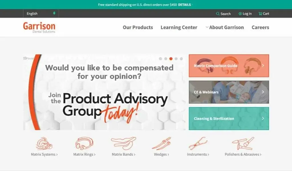 Homepage of a dental solutions company displaying a banner inviting users to join a Product Advisory Group, with navigation links to products, learning center, and career information.