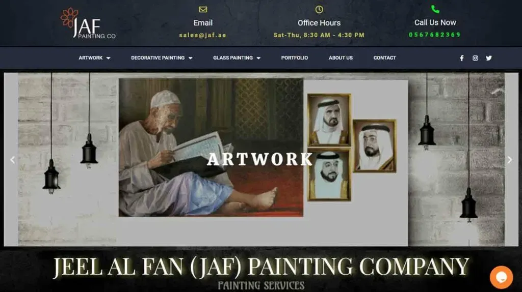 The website homepage displays a featured image of an elderly man wearing traditional attire, sitting and reading a book, surrounded by framed portraits of regional figures, with "ARTWORK" prominently overlaid, representing JAF Painting Company's services in decorative and artistic painting.