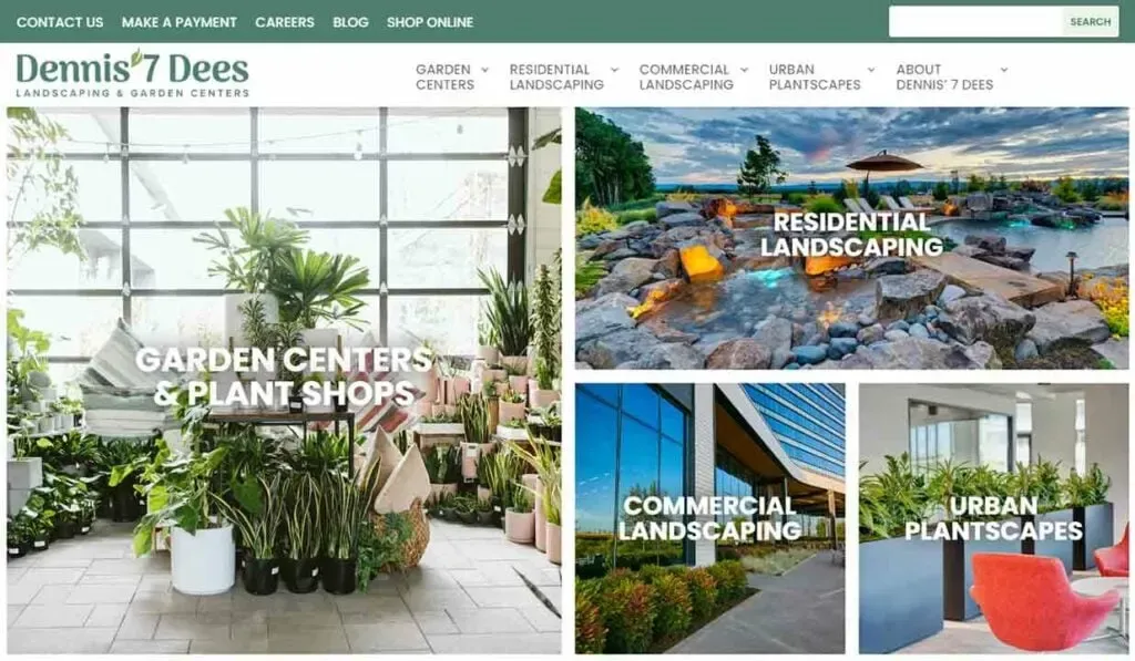 A bright, spacious garden center filled with a variety of lush potted plants displayed on a tiled floor is seen in the foreground, while smaller images showcase well-maintained residential and commercial landscaping, along with urban plant spaces, demonstrating diverse landscaping services.