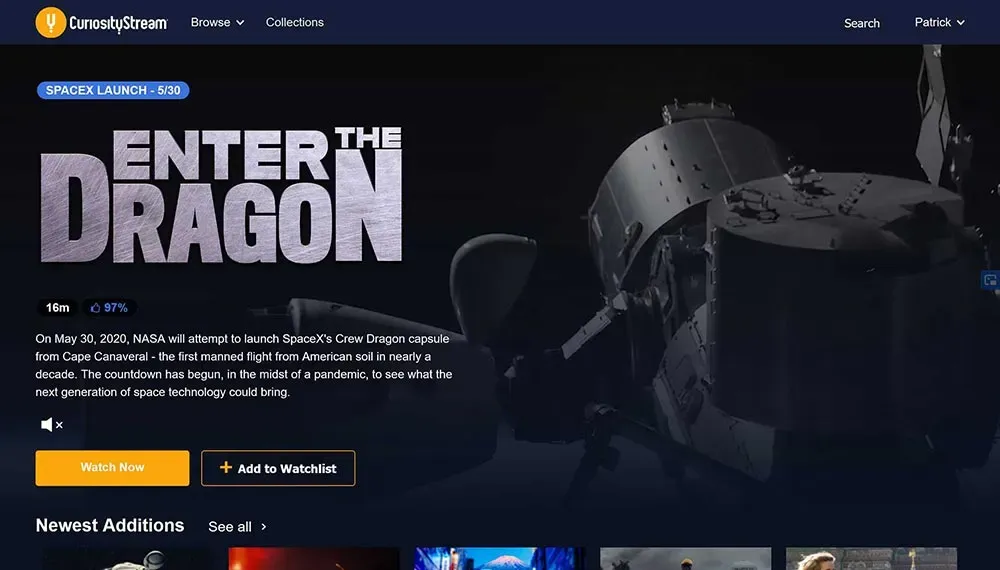 Página de inicio de CuriosityStream promocionando el documental SpaceX Enter the Dragon