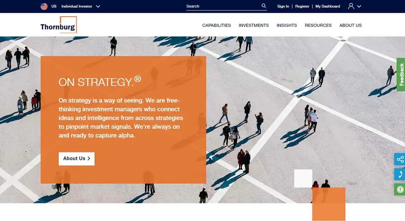A group of people walking on a large, abstract, grid-patterned plaza, casting long shadows in the sunlight, with an orange overlay displaying strategic investment text from Thornburg's website.