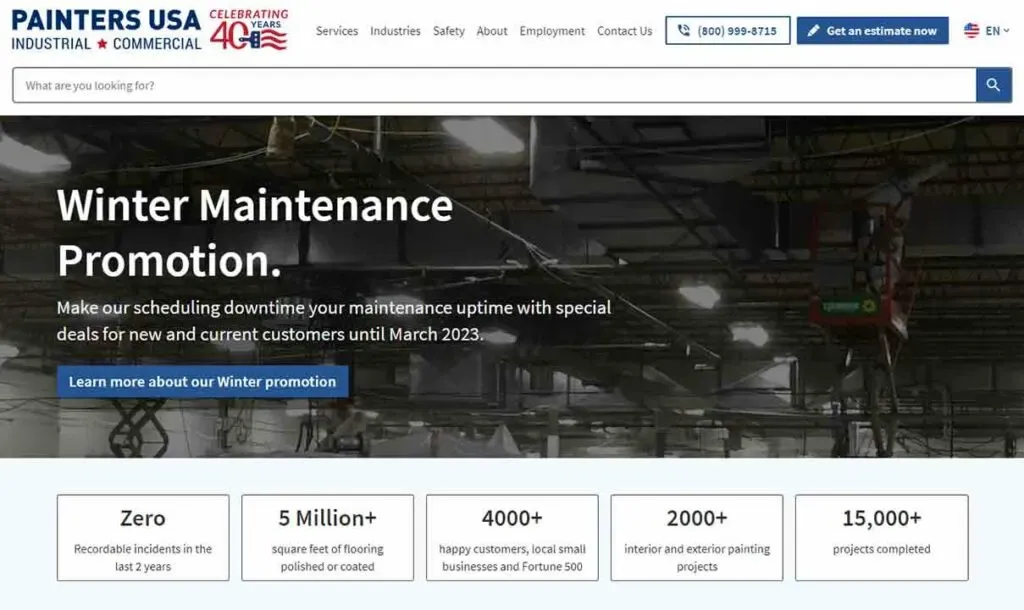 Image showing the homepage of a commercial website for Painters USA, highlighting a winter maintenance promotion with offers for new and current customers, featuring themed graphics and contact information at the top.