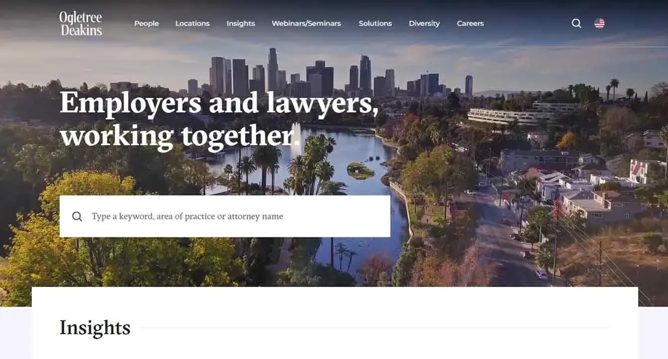 The image shows a panoramic view of a cityscape with tall skyscrapers in the background and a park with a lake in the foreground, alongside the website text "Employers and lawyers, working together."