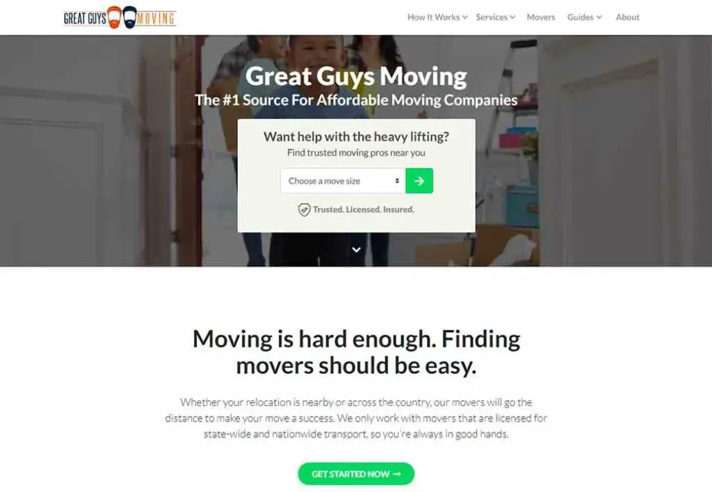 Great Guys Moving website homepage featuring a search tool for finding trusted moving companies, with a welcoming image of a mover holding a box and text emphasizing affordable moving services.