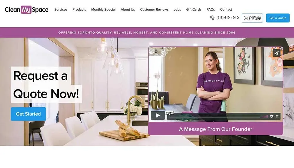 The homepage of a cleaning service website features a bright, modern kitchen image with a call-to-action text urging visitors to "Request a Quote Now," accompanied by a promotional video message from the founder.