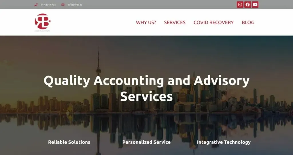 The image features a company website homepage with a city skyline in the background at sunset, showcasing the text "Quality Accounting and Advisory Services" along with navigation links for "Why Us?", "Services", "COVID Recovery", and "Blog".
