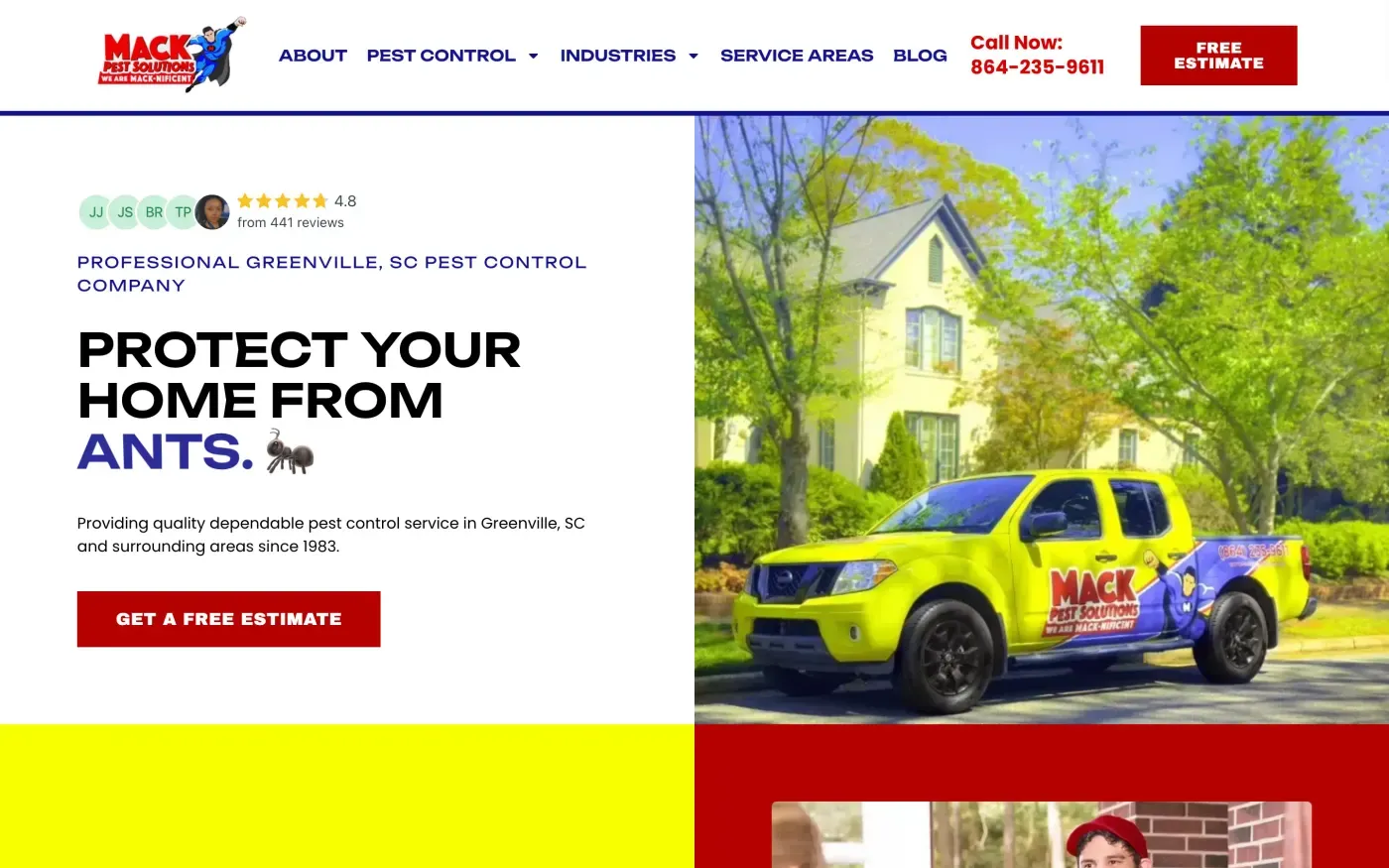 Professional pest control company ad displaying the message "Protect Your Home from Ants" with an image of a branded yellow and blue company truck parked in front of a suburban house in autumn.