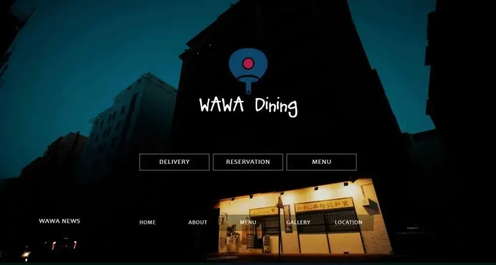 The image shows a dark, atmospheric evening view of a building with a neon-lit sign reading "WAWA Dining" against a cyan sky, featuring navigation options for delivery, reservation, and menu at the forefront.