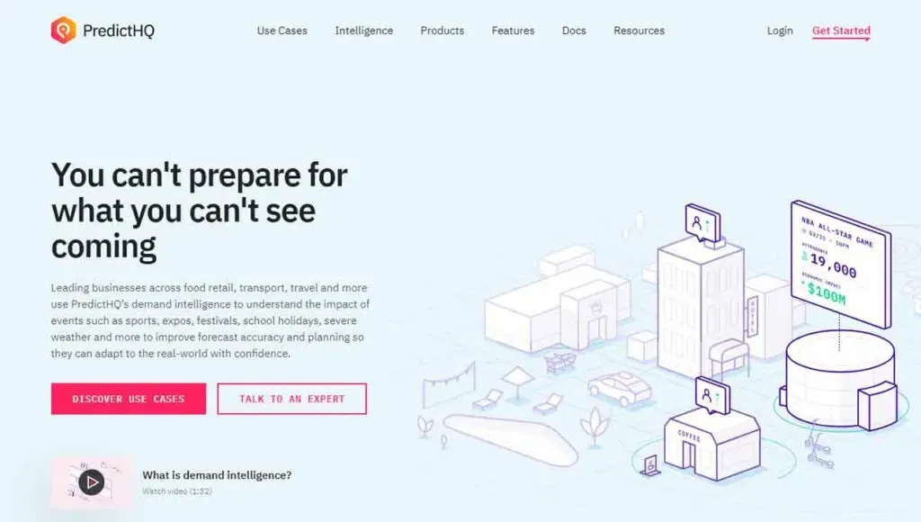 An animated website landing page for PredictHQ showcasing features like demand intelligence, with a digital illustration of a cityscape, floating graphs, and highlighted sections for exploring use cases and expert consultation.