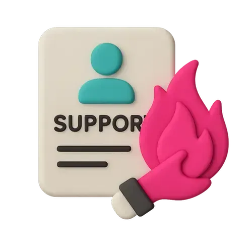 A 3D icon of a white rectangular support badge featuring a blue person symbol and the word "SUPPORT" is next to a vibrant pink flame, symbolizing customer support and assistance.