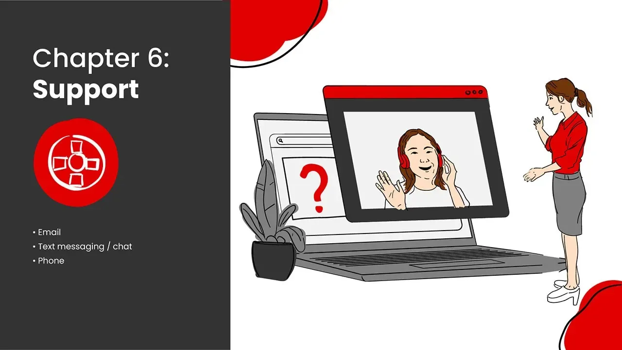 Capítulo 6 Banner de Soporte: mujer saludando a un agente sonriente con auriculares en una videollamada de laptop