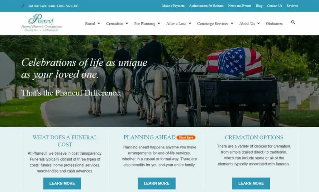 Horse-drawn carriage with a casket draped in an American flag in a funeral procession, set in a peaceful graveyard with lush greenery; the image is part of a funeral service webpage highlighting planning options and cremation services.