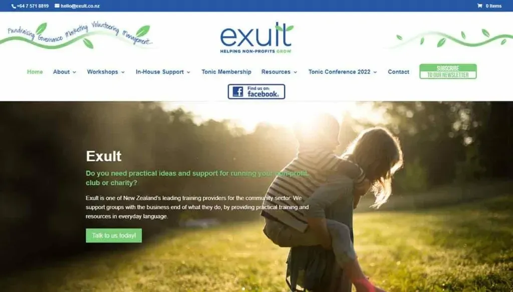 The image showcases the homepage of Exult, a website dedicated to providing practical training and resources for non-profit organizations, featuring a serene outdoor background with a focus on community support and empowerment.