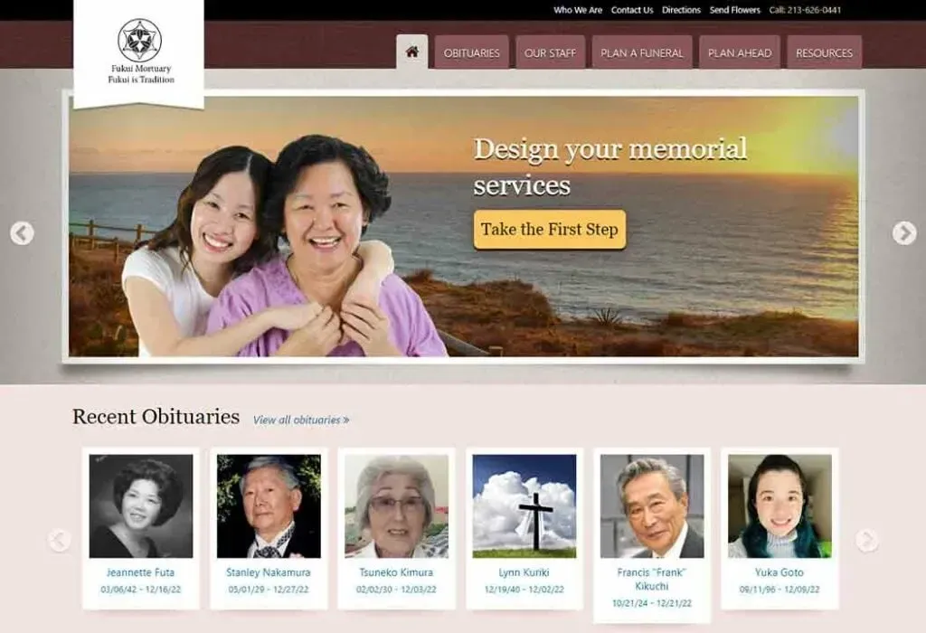 Two smiling women stand closely together in front of a serene coastal sunset scene, while below, a webpage displays a navigation menu with obituaries and information on planning funeral services.