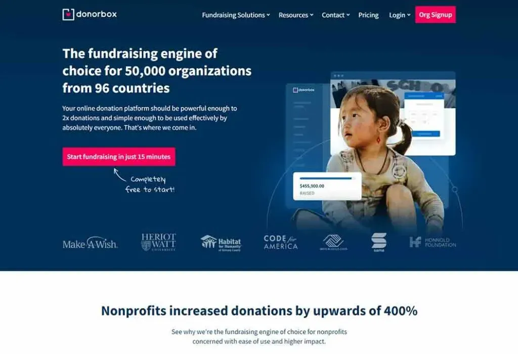 A promotional webpage for Donorbox highlights its platform as a powerful choice for non-profit fundraising, featuring an image of a young girl beside a fundraising progress bar, with testimonials from prominent organizations like Make-A-Wish and Habitat for Humanity displayed below.