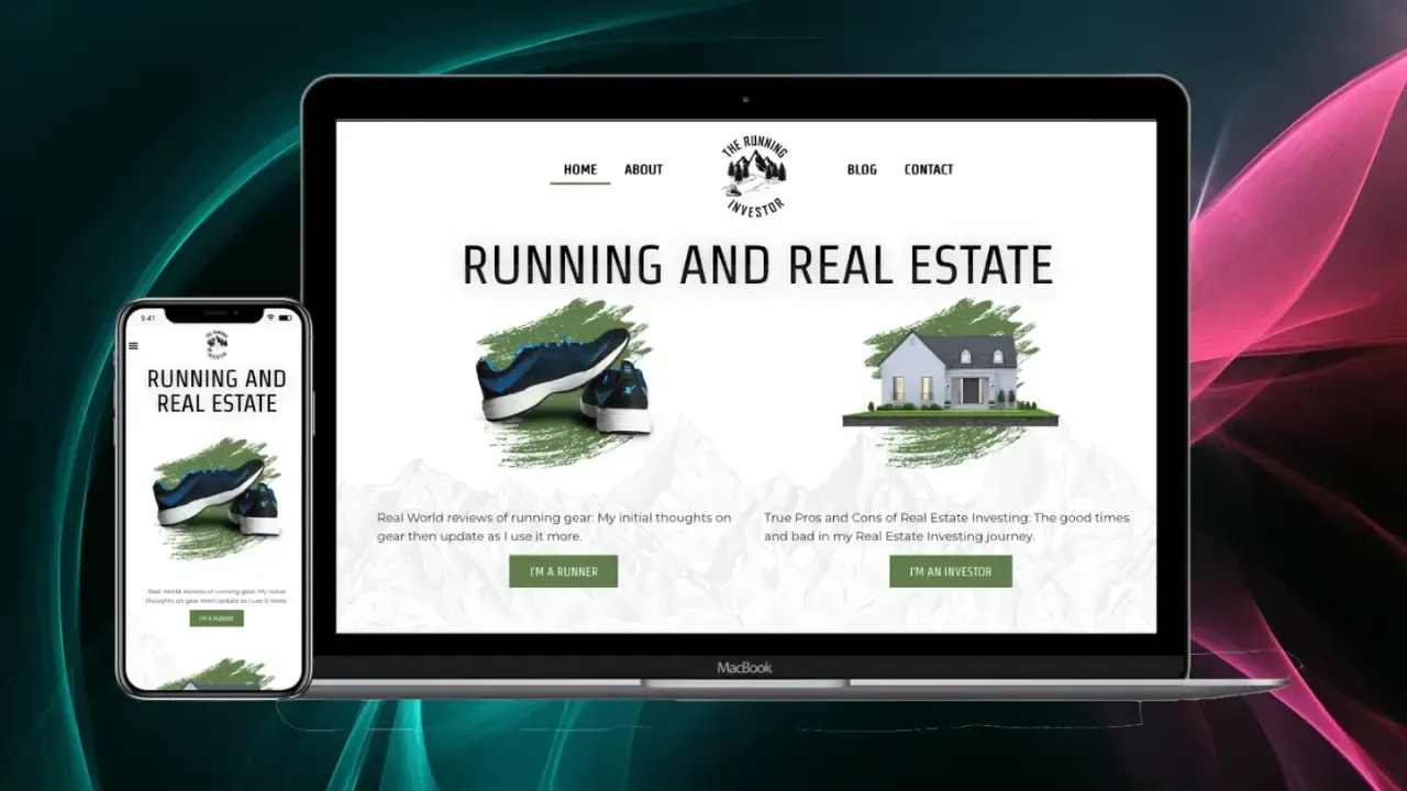 A laptop and smartphone display a website themed around running and real estate, featuring a blog, contact options, sneakers, and a house against a backdrop of mountains and a logo with a running shoe.