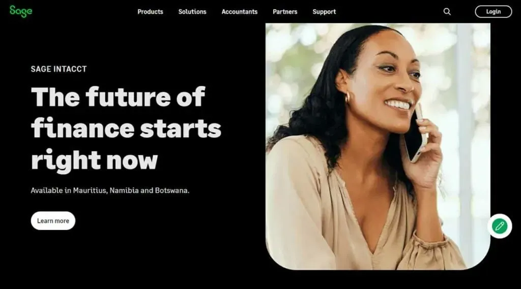 A professional woman smiles while talking on a smartphone against a black backdrop featuring the text "The future of finance starts right now," promoting financial solutions available in Mauritius, Namibia, and Botswana.