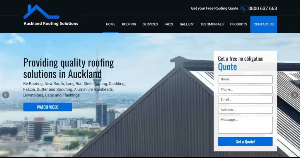 A webpage for Auckland Roofing Solutions featuring a large image of a building’s roof against a cityscape, with a form for obtaining a roofing quote and a navigation menu including home, roofing services, FAQs, gallery, testimonials, and products.