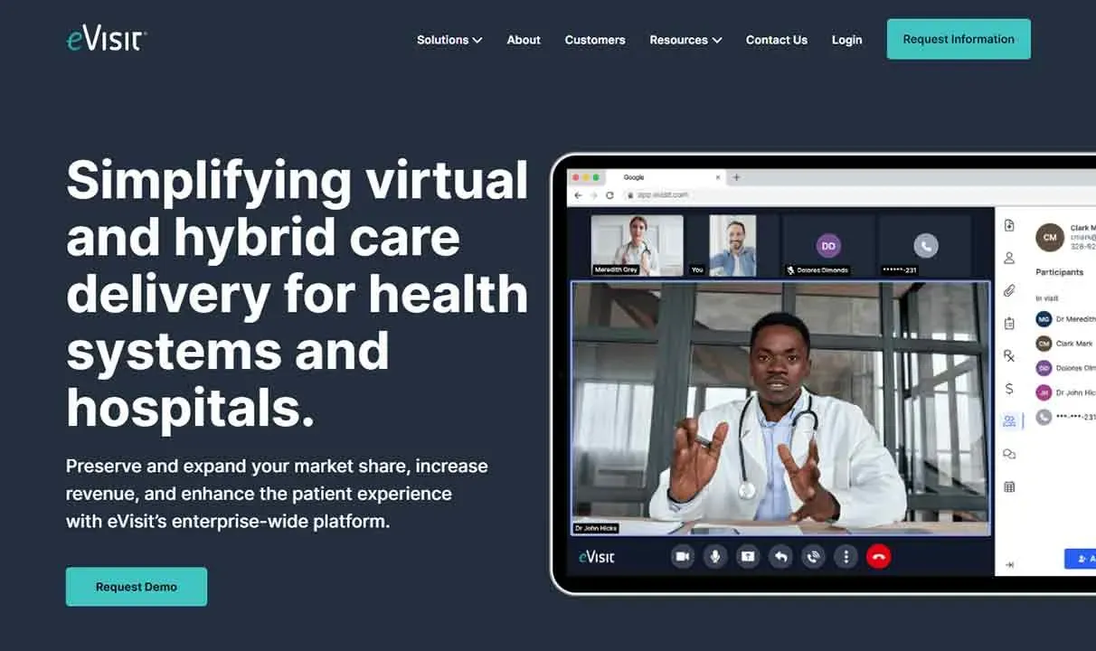 A doctor with a stethoscope gives a virtual consultation on a laptop screen, set against a navy blue background with text promoting virtual and hybrid care delivery for health systems and hospitals on the eVisit platform.