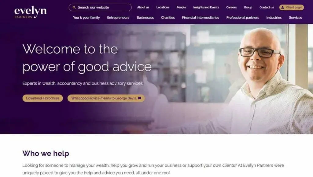 A man wearing glasses and a sweater smiles warmly in a modern office setting, with a banner reading "Welcome to the power of good advice," related to wealth and business advisory services.