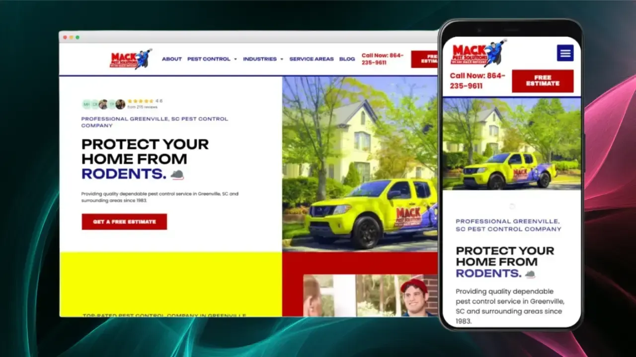 A website displaying a pest control company's homepage is shown on a computer screen and smartphone, featuring a yellow service vehicle parked in front of a suburban home, with text highlighting "Protect Your Home from Rodents" and offering a free estimate.