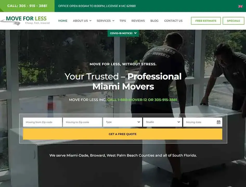 A team of professional movers gently maneuvers furniture in a sunlit room, capturing the efficiency and care typical of Miami moving services.