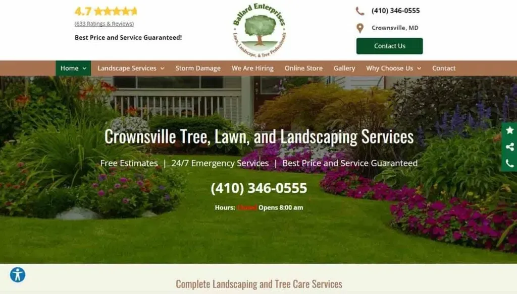 A website homepage for "Crownsville Tree, Lawn, and Landscaping Services" featuring a top navigation bar, contact information, a 4.7-star customer rating, and an image of a well-maintained lawn with shrubs and flowers; offers free estimates and 24/7 emergency services.