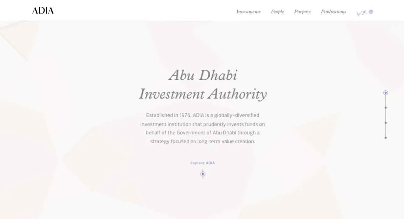 The homepage of Abu Dhabi Investment Authority's website features a minimalistic design with a white background, showcasing a central text about ADIA's establishment in 1976 and its focus on long-term value creation through diversified investment funds.