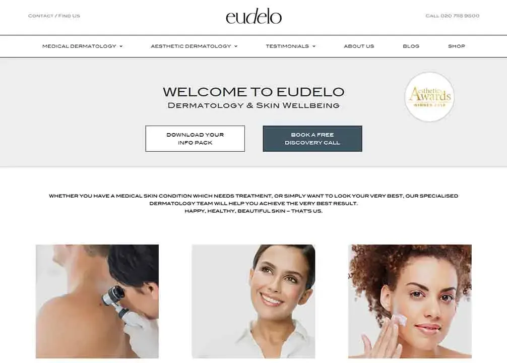 The image shows a dermatology clinic's webpage with a banner that says "Welcome to Eudelo Dermatology & Skin Wellbeing," featuring three photos below: one of a professional examining a person's back, another of a smiling individual, and a third showcasing another person with clear skin.