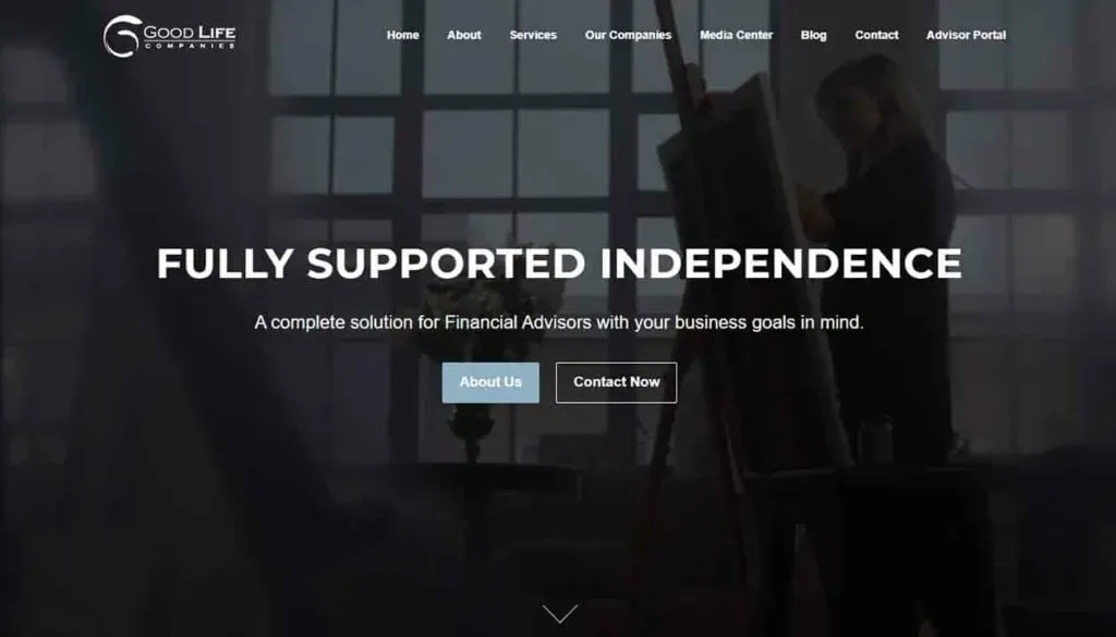 The image features a business-themed website homepage with a dark color scheme, displaying the tagline "Fully Supported Independence" and buttons labeled "About Us" and "Contact Now," set against a silhouette of an artist painting.