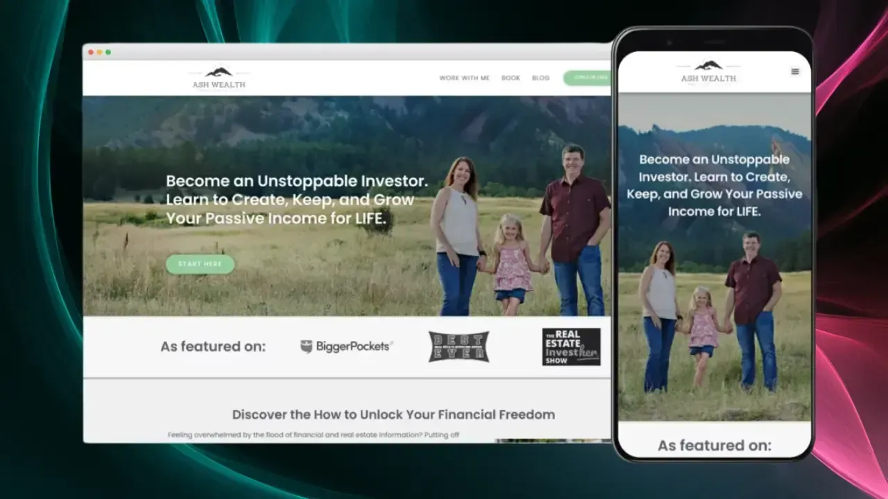 A family of four, dressed casually, smiles while walking outdoors against a scenic mountain and field backdrop, featured on a responsive website design displayed on both a computer and mobile screen for "Ascend Wealth," promoting financial growth and investment strategies.