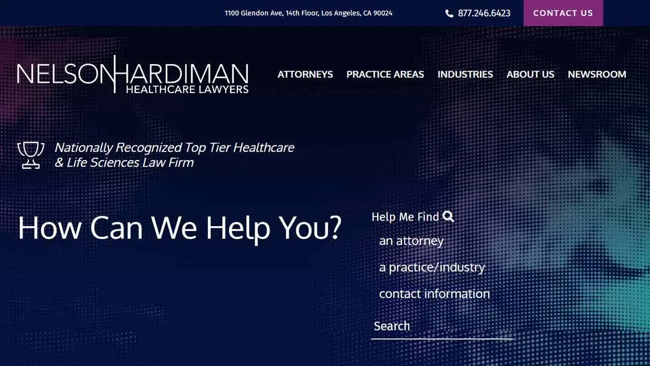 The image shows the homepage of Nelson Hardiman, a healthcare law firm, featuring a blue-themed design with the firm's logo at the top and a navigation menu with options like "Attorneys," "Practice Areas," and "Industries."