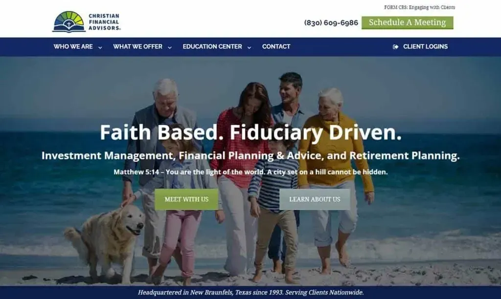 Four people, accompanied by a golden retriever, walk along a beach, representing a faith-based, fiduciary-driven approach to investment management, financial planning, and retirement planning; contact information and links to learn more or schedule a meeting are provided.