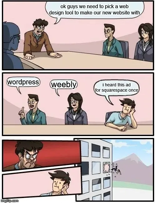 Boardroom suggestion meme, the guy who mentions a Squarespace ad gets tossed out the window
