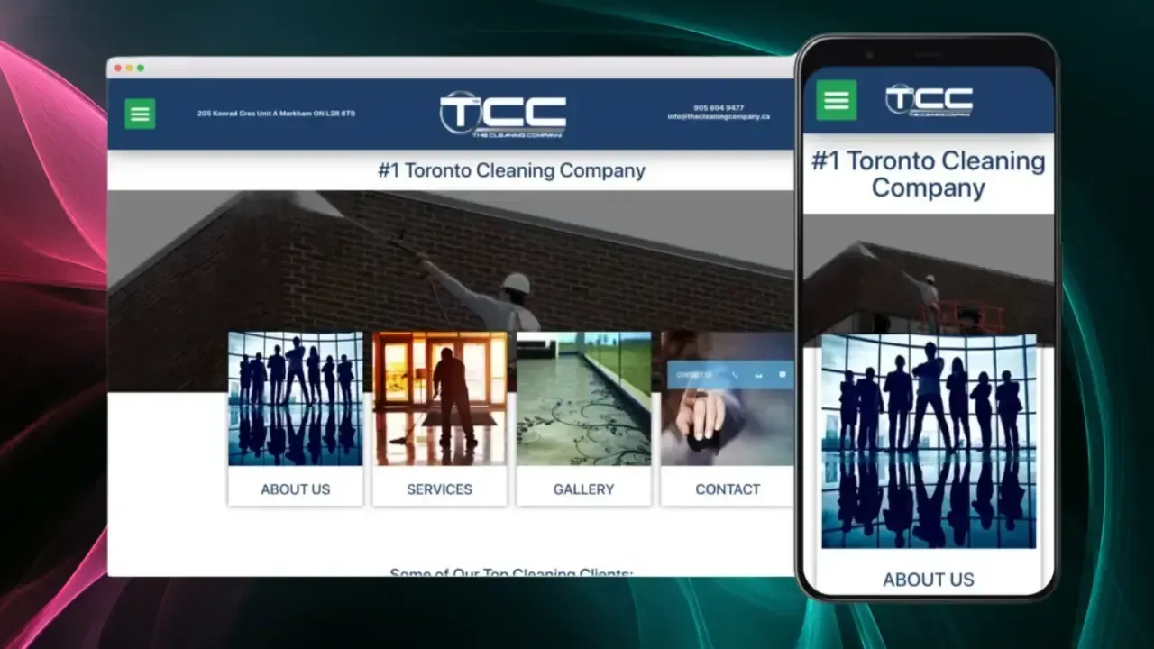 Website of the #1 Toronto Cleaning Company displayed on a desktop and mobile device, featuring a logo, navigation menu, and images highlighting services, gallery, and contact options against a modern, dark background.