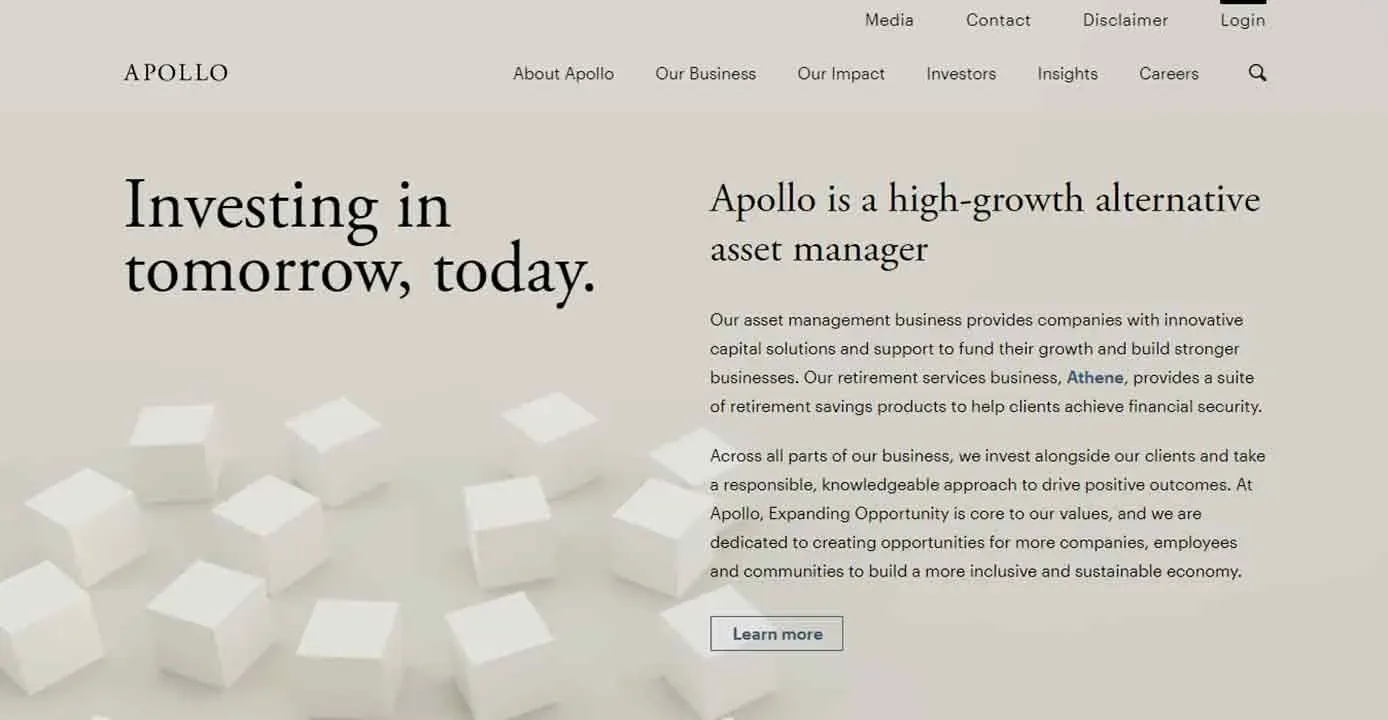 The image displays a section of a website with a header that reads "Investing in tomorrow, today" on the left, and a description of Apollo as a high-growth alternative asset manager on the right, set against a light background with a subtle grid of cubes.