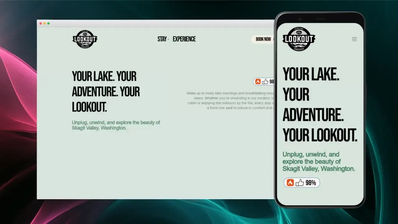 A responsive website design is displayed on both a laptop and a smartphone screen, featuring the text "Your Lake. Your Adventure. Your Lookout." with a focus on outdoor exploration in Skagit Valley, Washington.