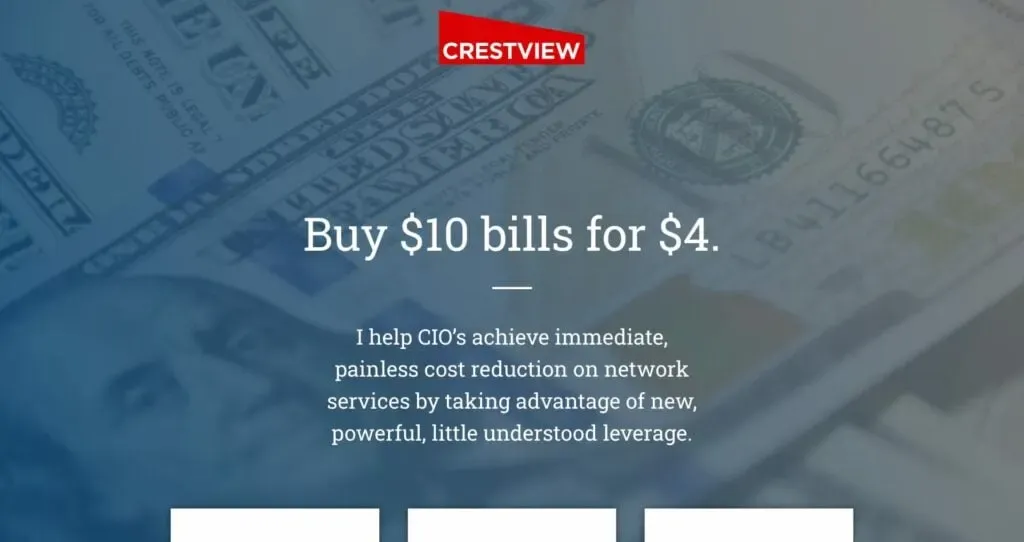 A promotional image featuring US currency in the background with a bold offer overlay stating, "Buy 10 bills for 4," highlighting a cost reduction service aimed at CIOs.