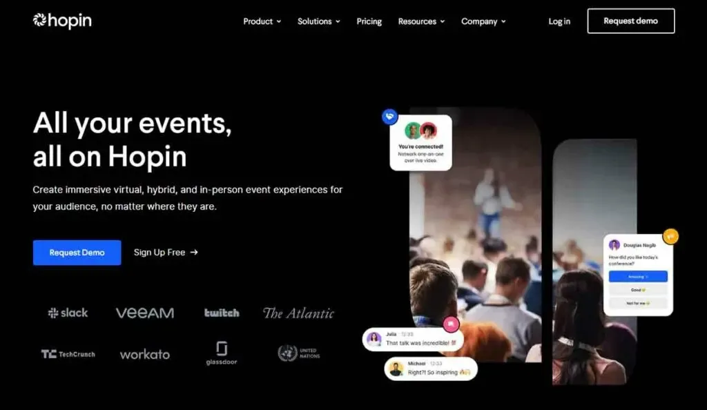 The image features a presentation setting with an audience facing a blurred speaker on stage, surrounded by a dark theme, and includes logos of various tech and media companies, highlighting virtual and hybrid event solutions by a company called Hopin.