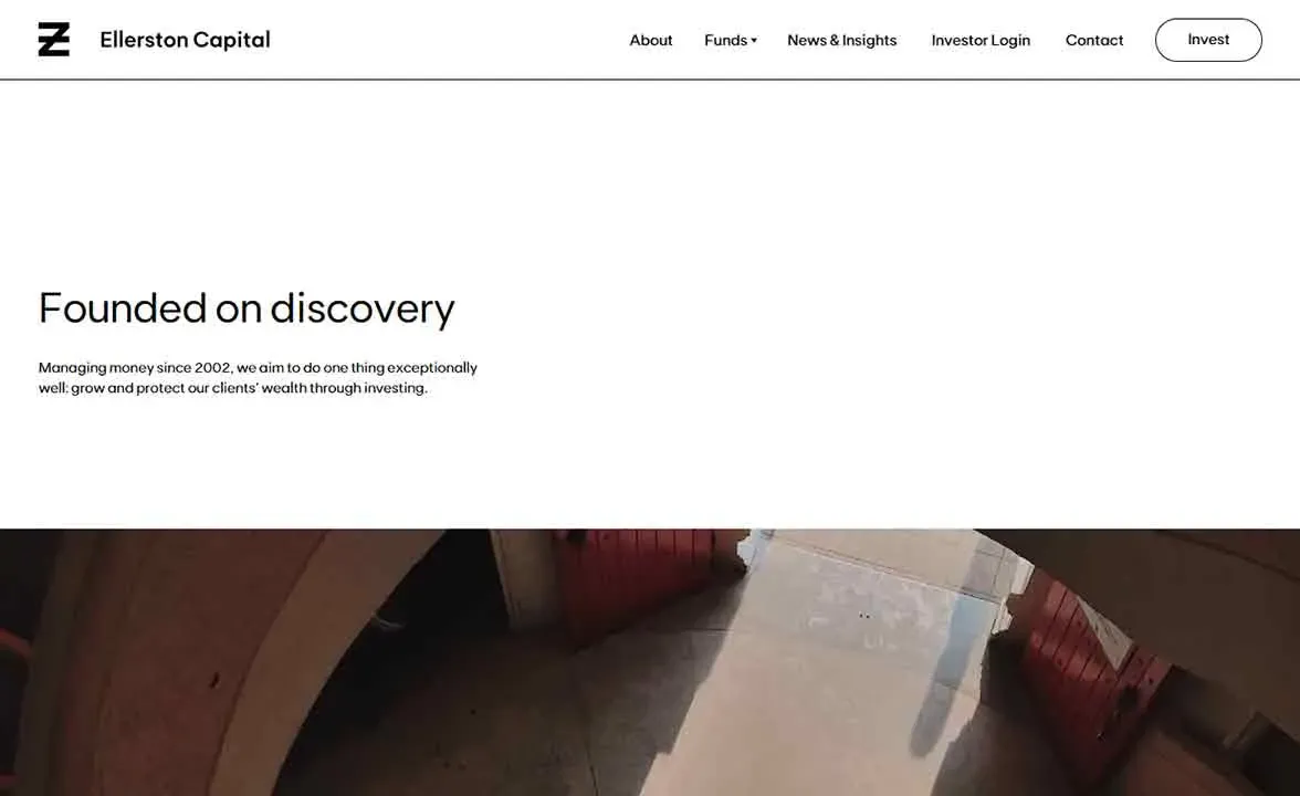 The homepage of Ellerston Capital is displayed, featuring a navigation bar with options like "About" and "Funds," a bold announcement "Founded on discovery," and a mission statement about wealth management, set against a clean, minimalist design.