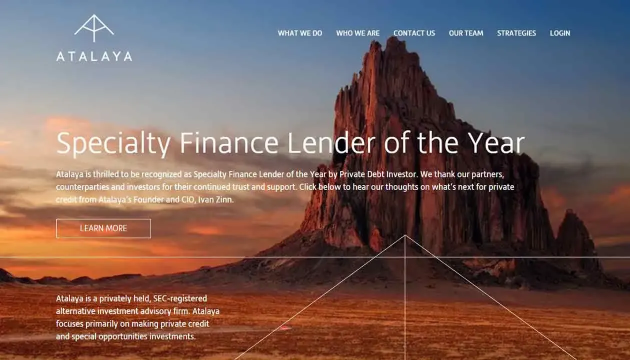 A dynamic website homepage features a striking mountainous landscape at sunset, overlaid with text highlighting the company Atalaya as the "Specialty Finance Lender of the Year," offering insights into private credit and special opportunities investments.