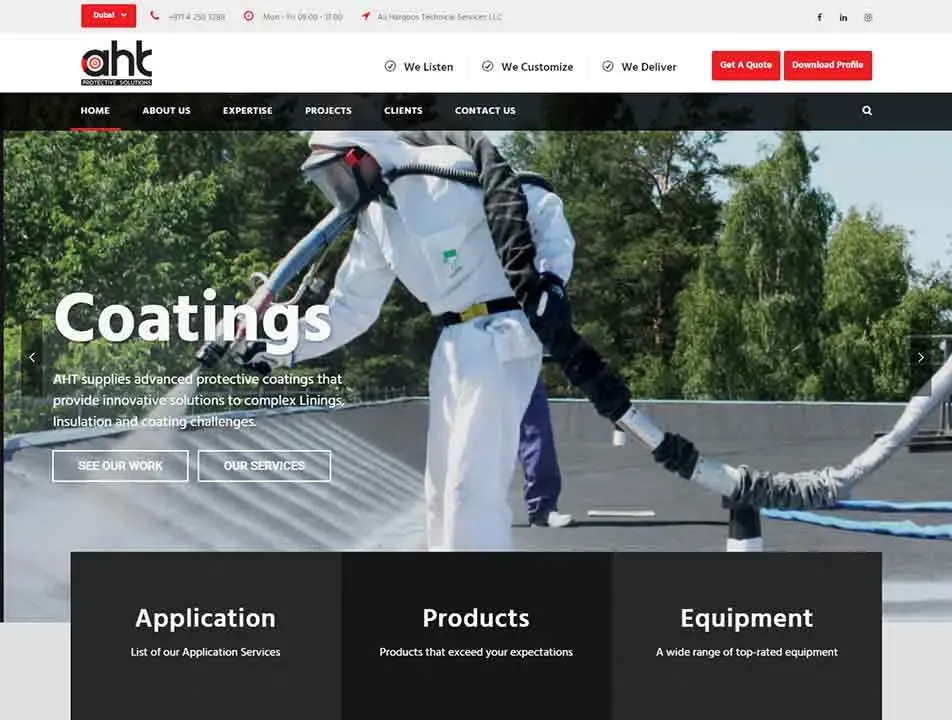 A person in protective gear operates a large hose applying coating on a flat rooftop, highlighted on a website about advanced protective coatings for insulation and lining challenges.