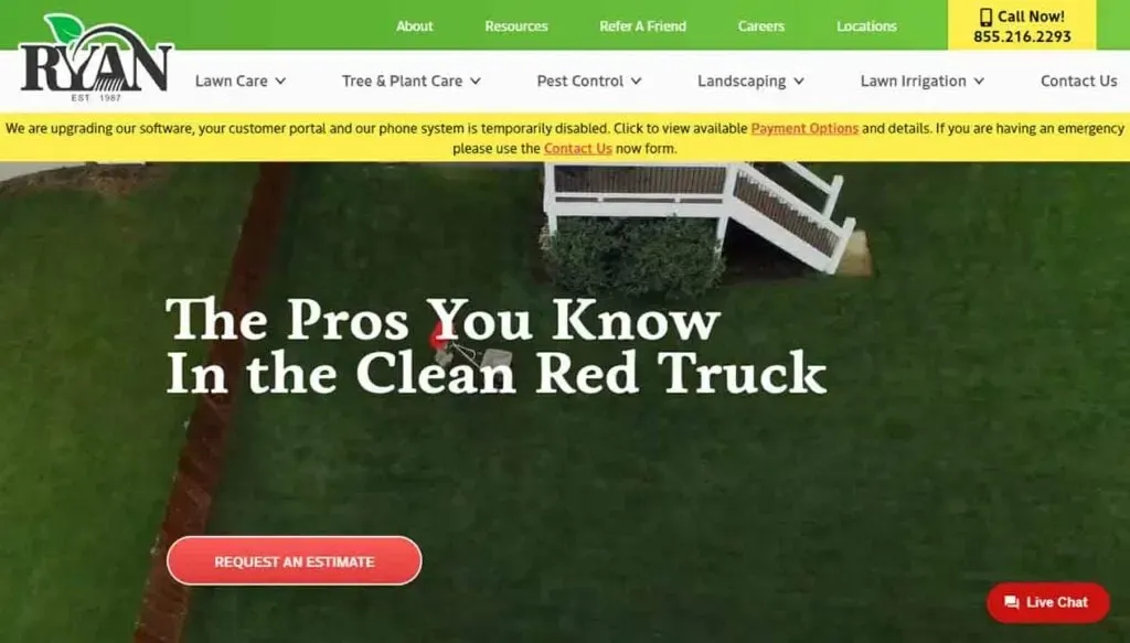 An aerial view of a lawn care company website homepage featuring a neatly trimmed lawn, stairway in the background, and bold text stating "The Pros You Know In the Clean Red Truck," with buttons for requesting an estimate and live chat, conveying a professional and accessible service.